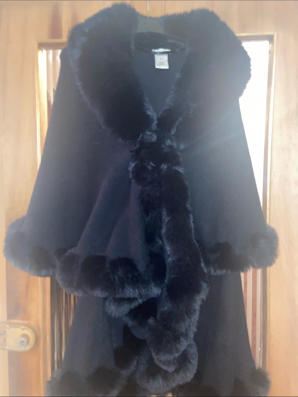 Women's Black Faux Fur-Trim Cape Coat